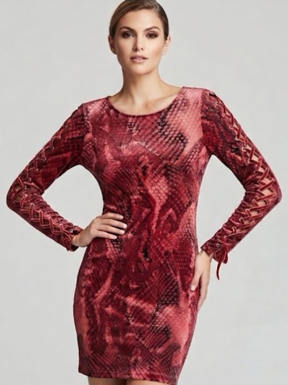 Dark pink Snake Print PROJECT RUNWAY Dress with lace up sleeves.
